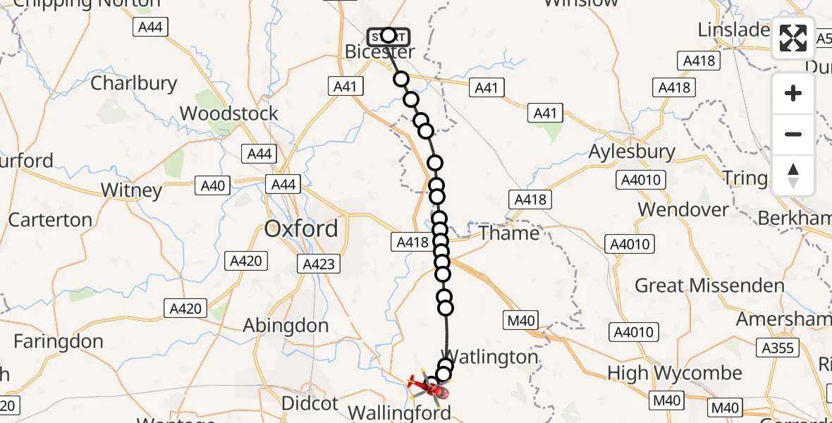 Flight path map showing Air Ambulance Helicopter route from Bicester Airfield to RAF Benson