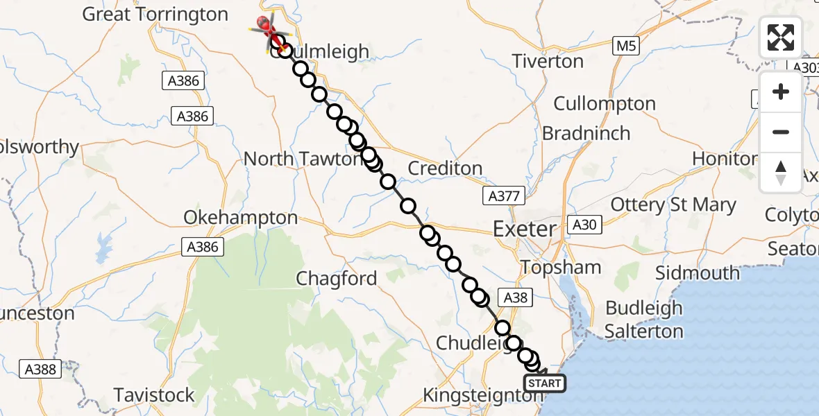 Flight path map showing Air Ambulance Helicopter route from Holcombe to Burrington