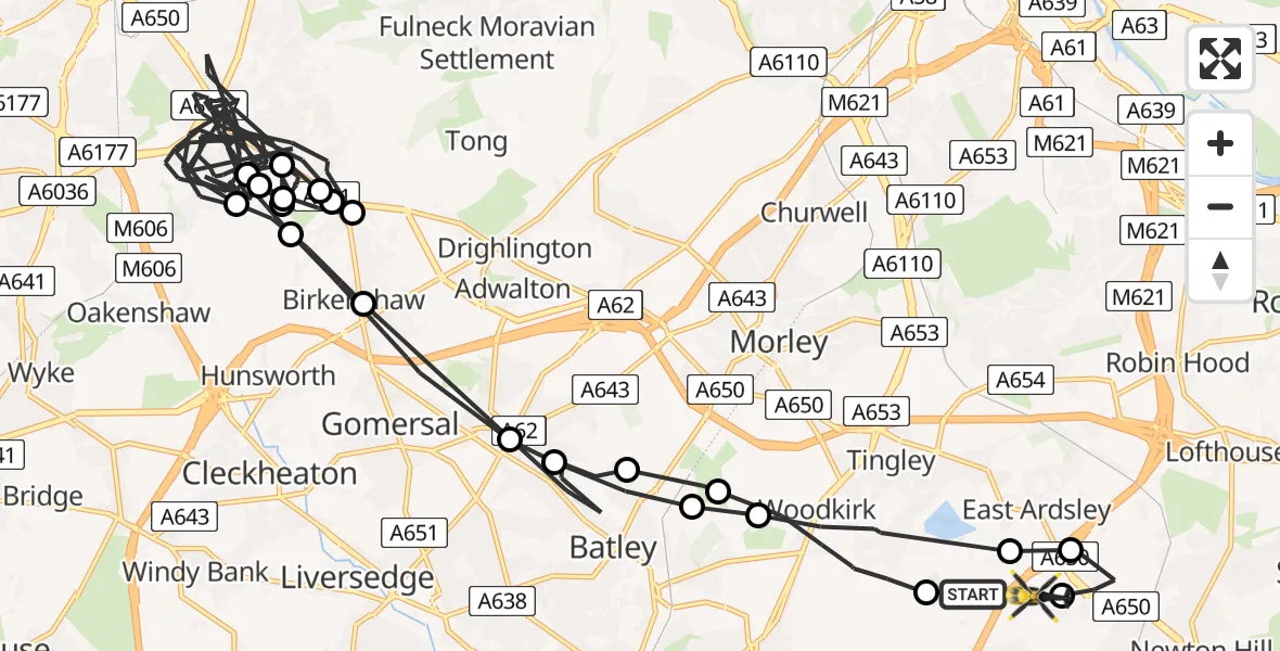 Flight path map showing Police Helicopter route from East Ardsley to East Ardsley