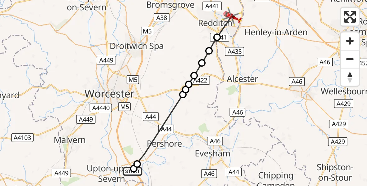 Flight path map showing Air Ambulance Helicopter route from Hill Croome to Redditch