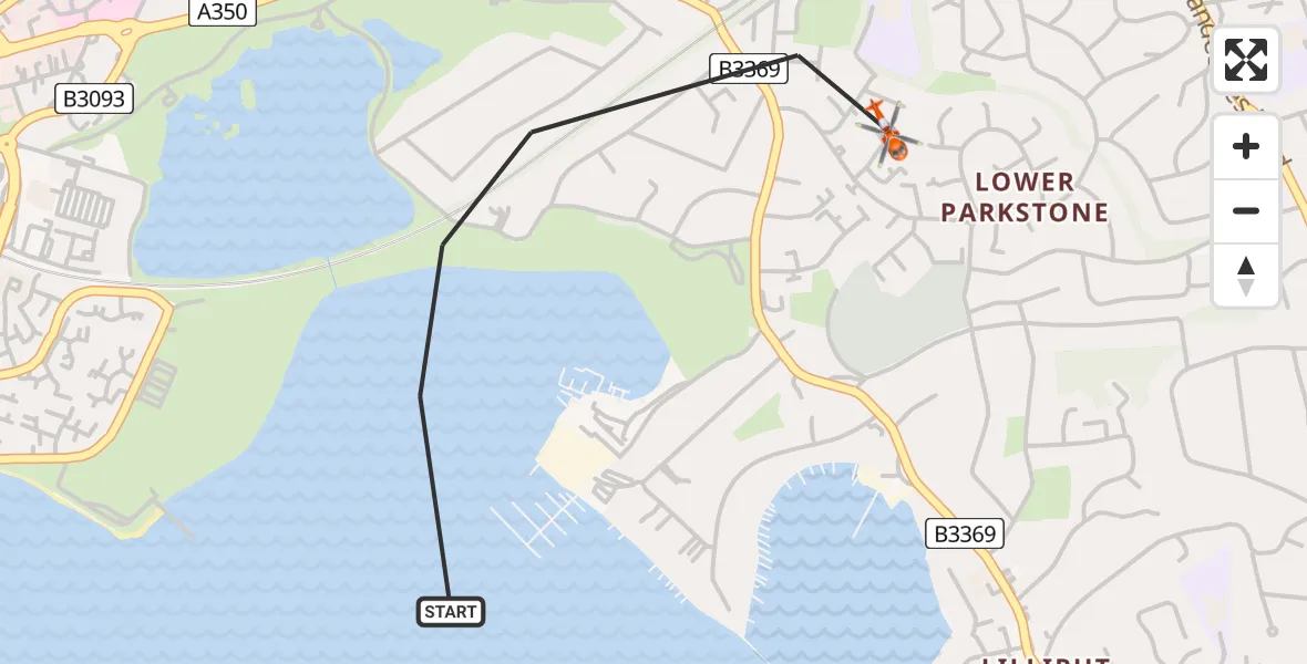 Flight path map showing Coastguard Helicopter route from Poole to Poole
