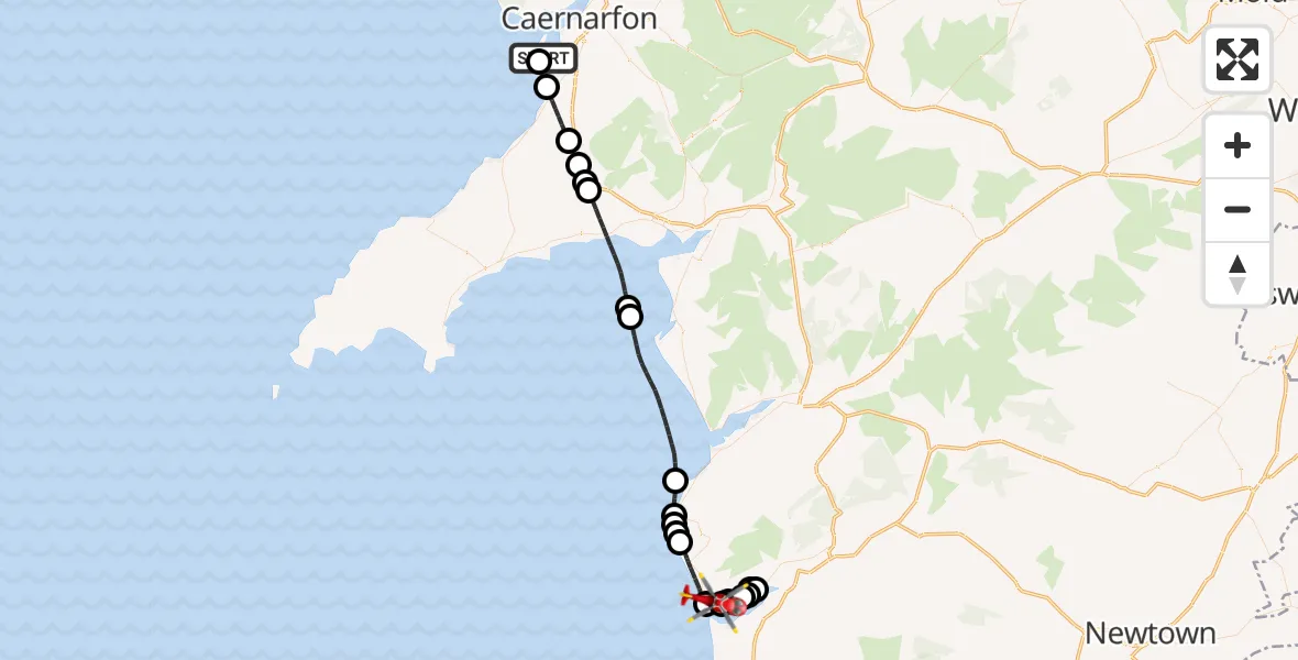 Flight path map showing Air Ambulance Helicopter route from Caernarfon Airport to Aberdyfi