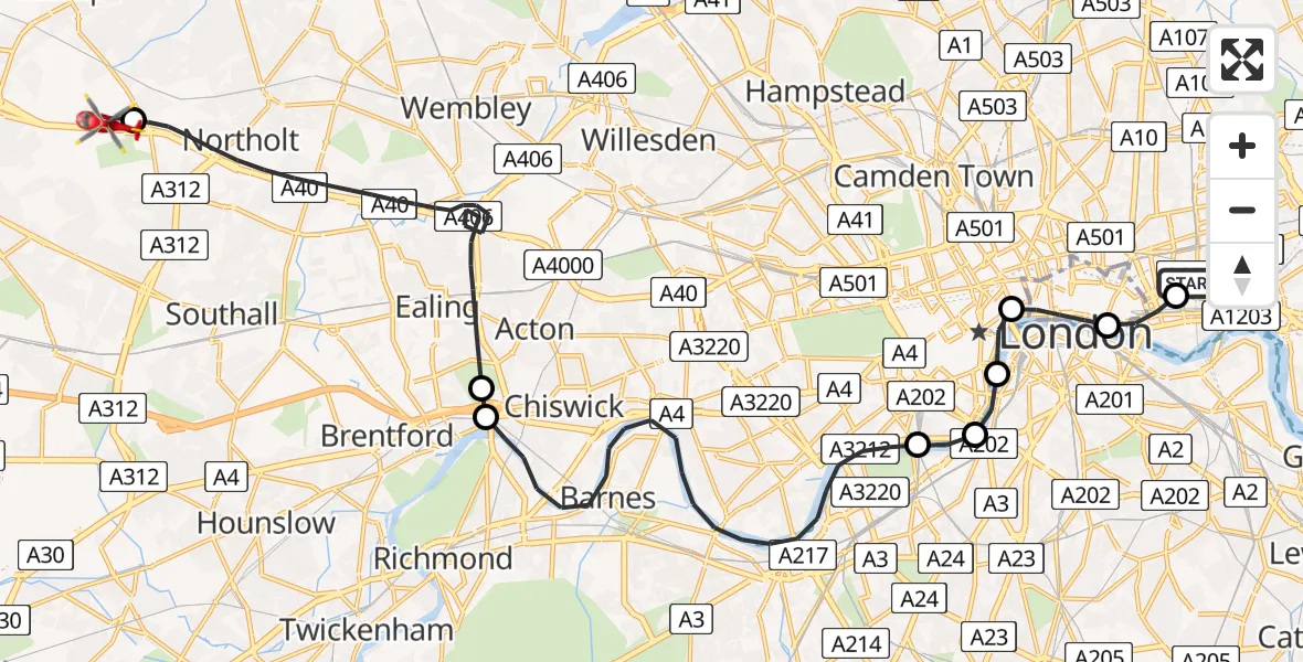 Flight path map showing Air Ambulance Helicopter route from Royal London Hospital to RAF Northolt