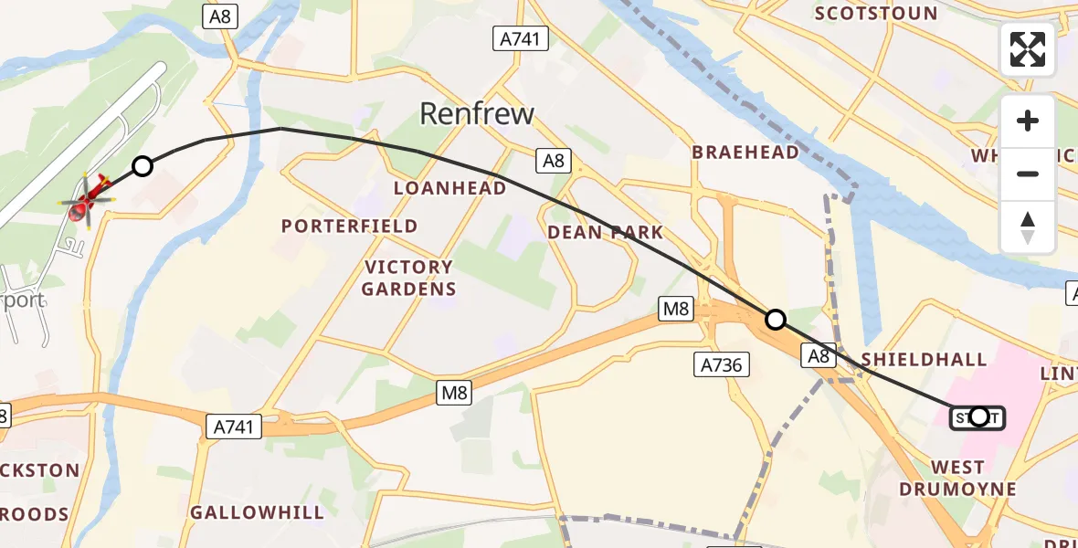 Flight path map showing Air Ambulance Helicopter route from Queen Elizabeth Hospital to Glasgow Airport