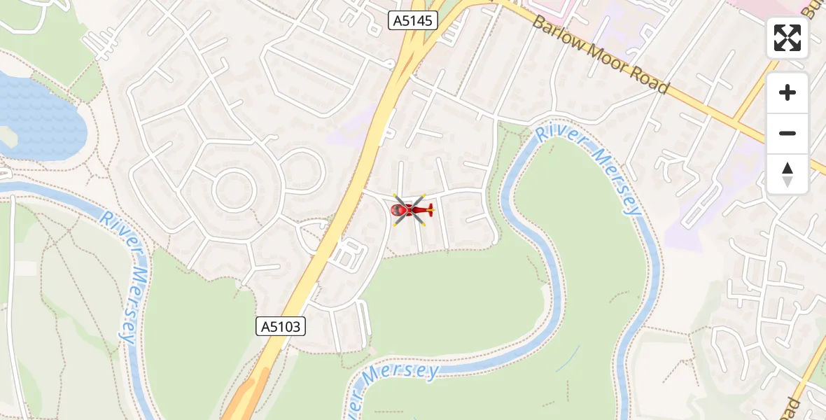 Flight path map showing Air Ambulance Helicopter route from Manchester to Manchester