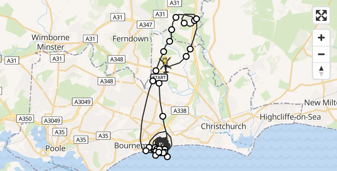 Flight path map showing Police Helicopter route from Bournemouth Airport to Bournemouth Airport