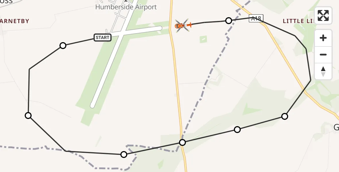 Flight path map showing Coastguard Helicopter route from Humberside Airport to Great Limber CP