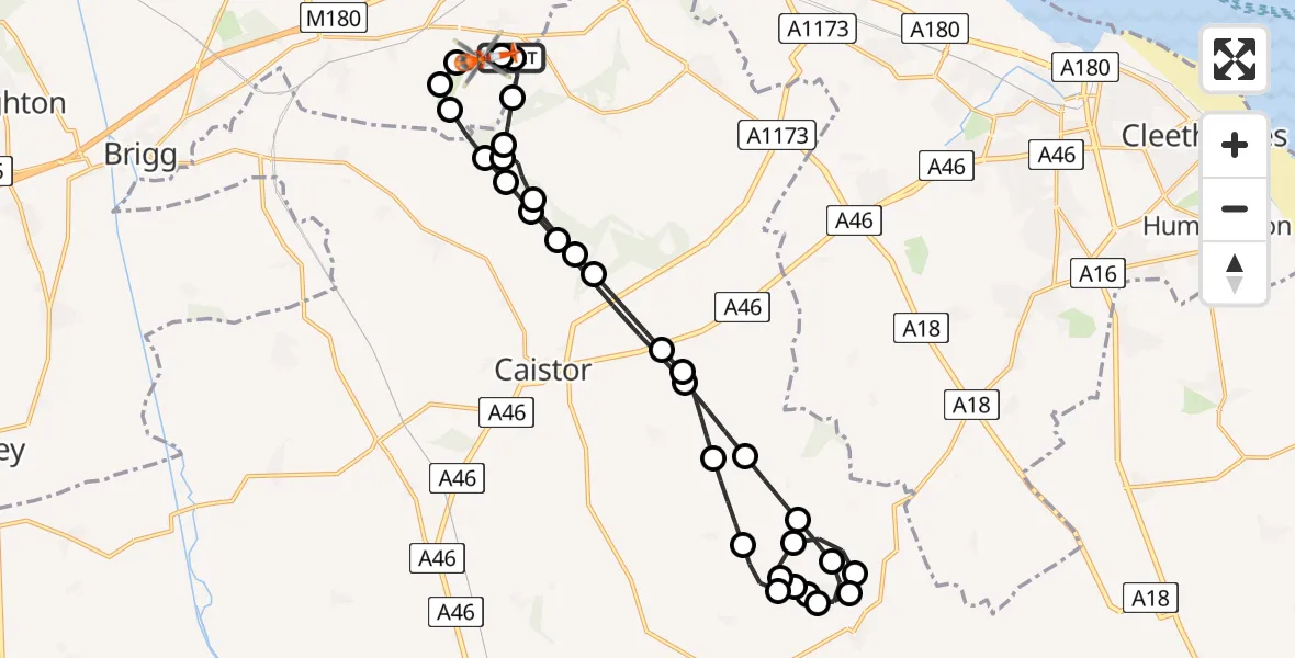 Flight path map showing Coastguard Helicopter route from Kirmington to Humberside Airport