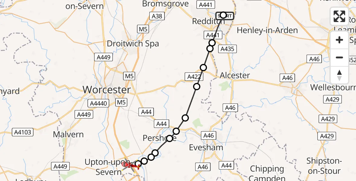 Routekaart van de vlucht: Air Ambulance Helicopter to Upper Strensham, M5