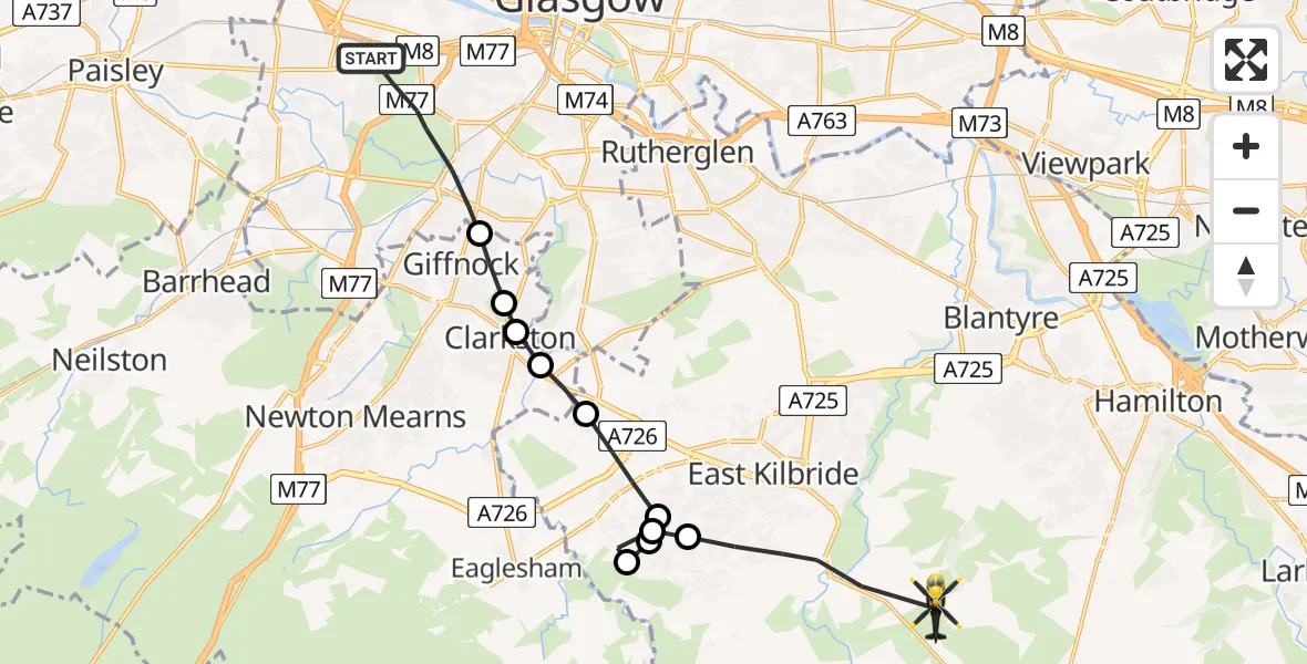 Routekaart van de vlucht: Police Helicopter to Chapelton