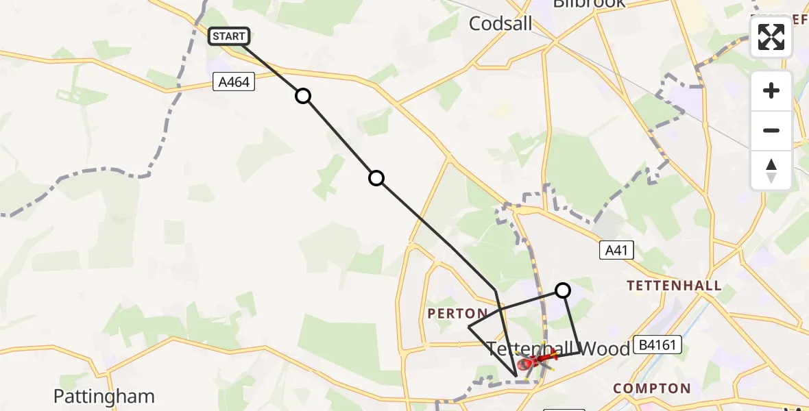 Flight path map showing Air Ambulance Helicopter route from Codsall to South Staffordshire