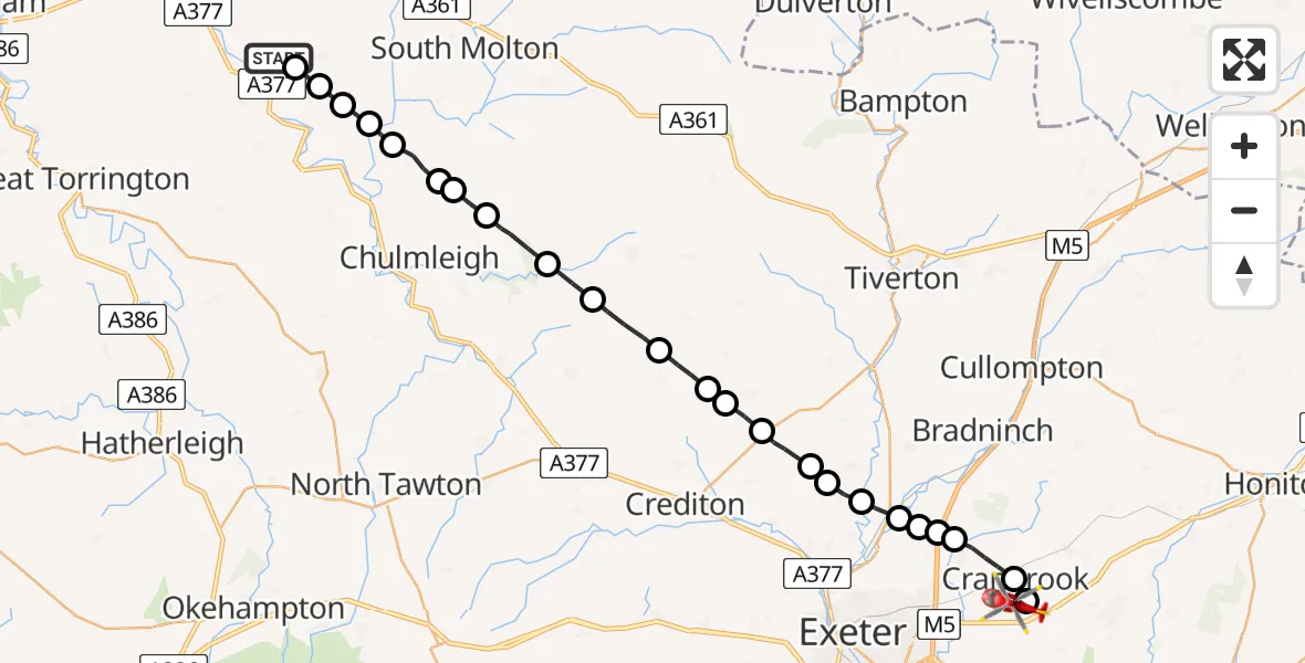 Flight path map showing Air Ambulance Helicopter route from North Devon to Rockbeare