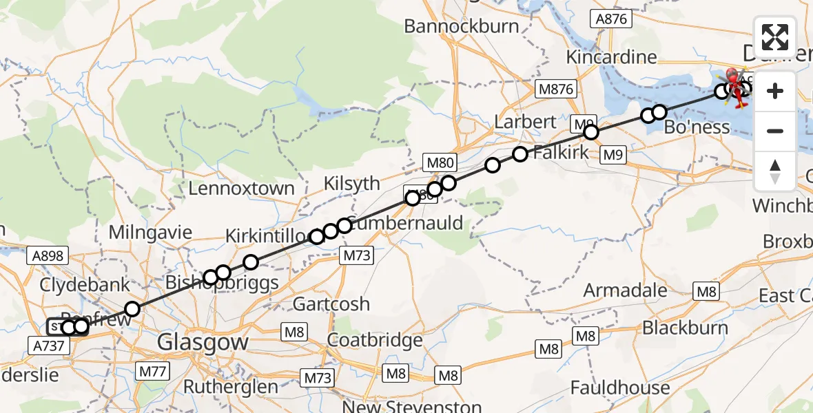 Flight path map showing Air Ambulance Helicopter route from Glasgow Airport to Torryburn