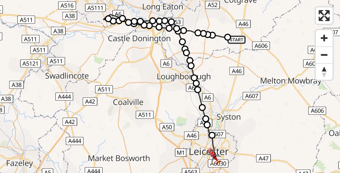 Flight path map showing Air Ambulance Helicopter route from Widmerpool to Leicester