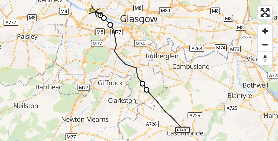 Flight path map showing Police Helicopter route from East Kilbride to Glasgow