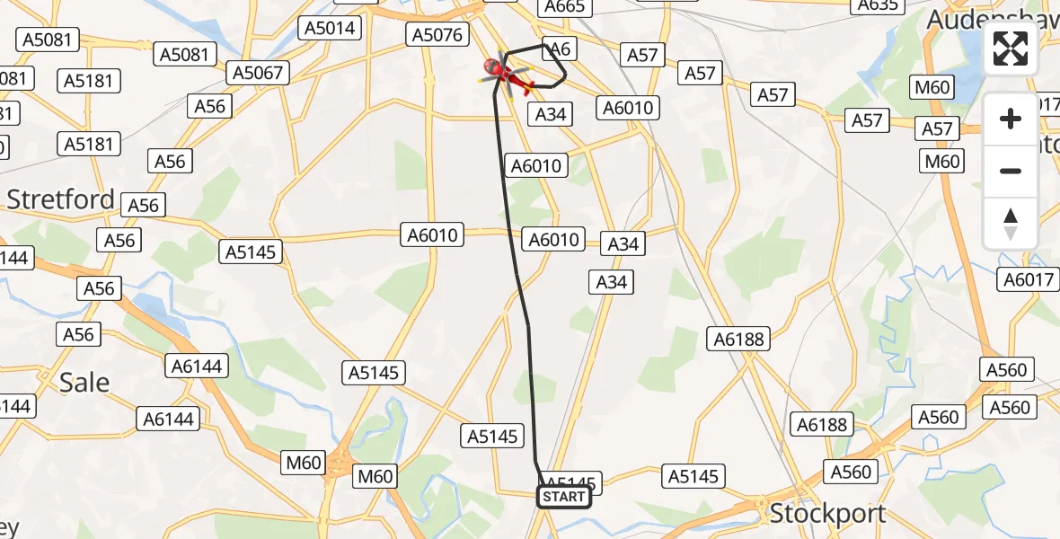 Flight path map showing Air Ambulance Helicopter route from Manchester to Manchester