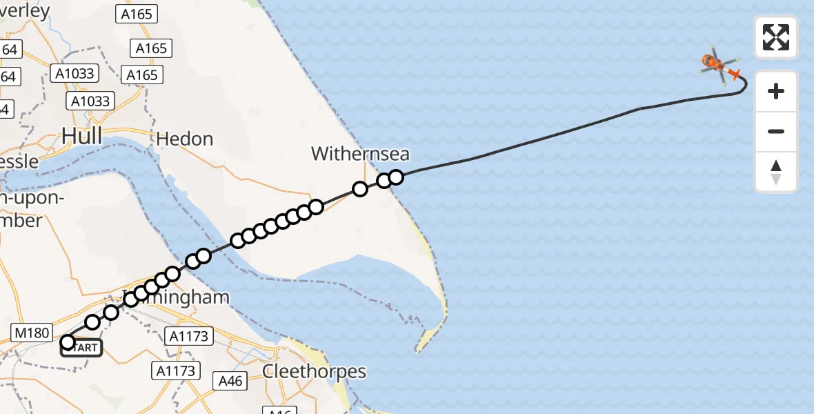 Flight path map showing Coastguard Helicopter route from Humberside Airport to North Sea
