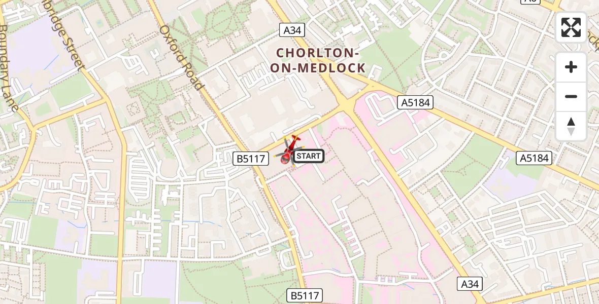 Flight path map showing Air Ambulance Helicopter route from Manchester to Manchester
