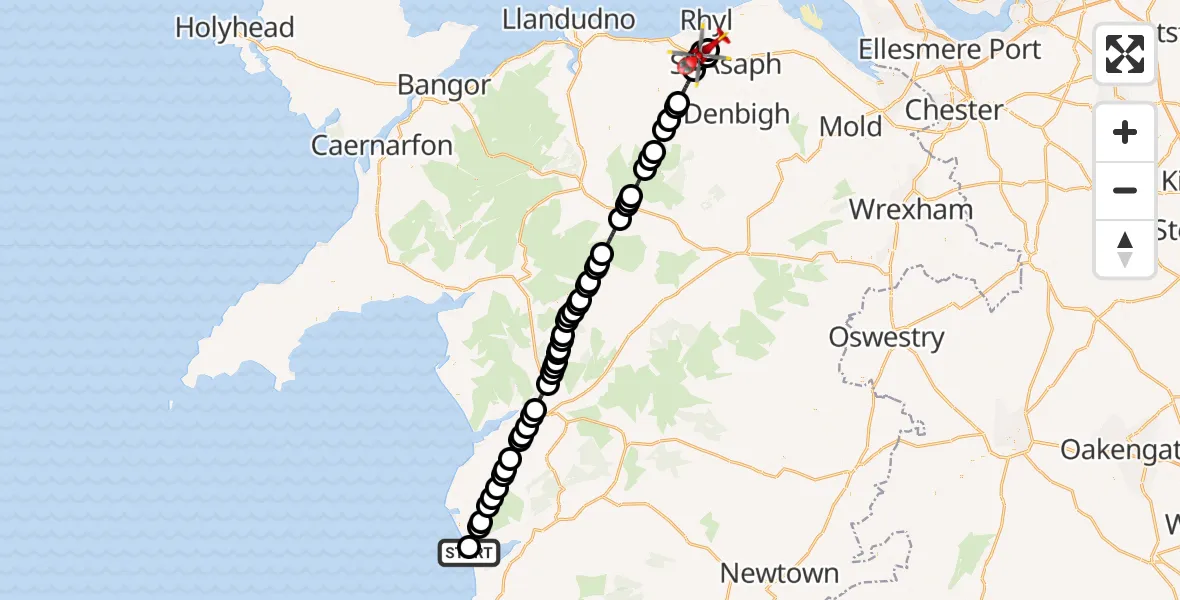 Flight path map showing Air Ambulance Helicopter route from Aberdyfi to Rhyl