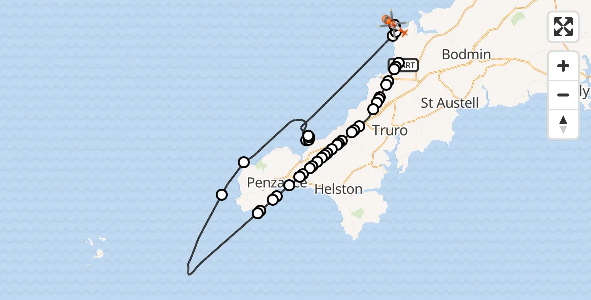 Flight path map showing Coastguard Helicopter route from Cornwall Airport Newquay to St. Merryn