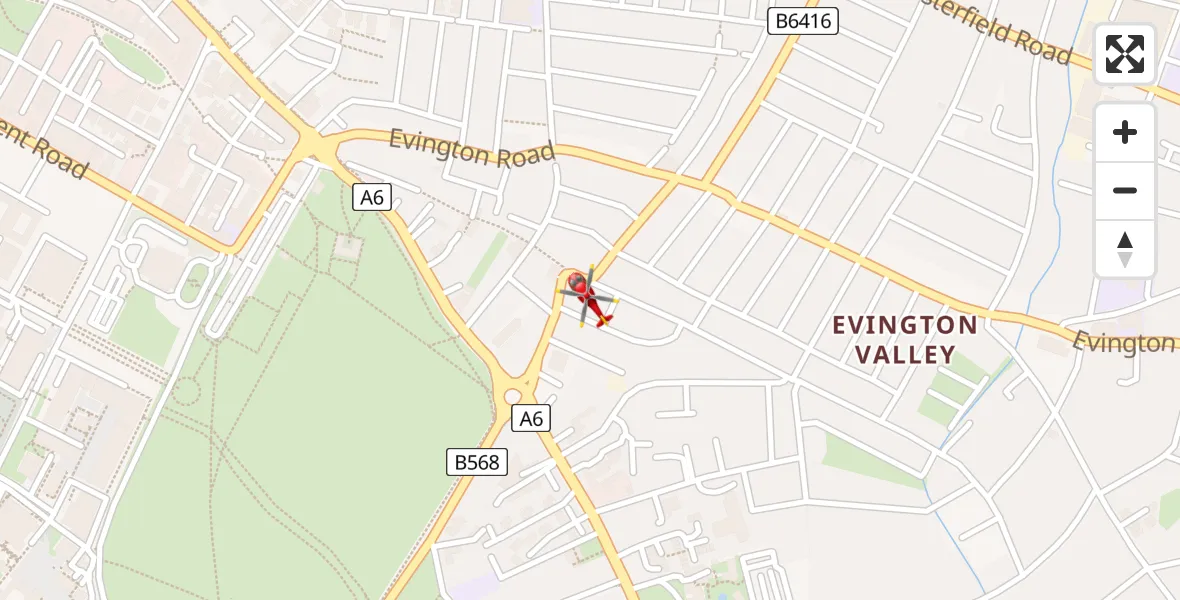 Flight path map showing Air Ambulance Helicopter route from Leicester to Leicester