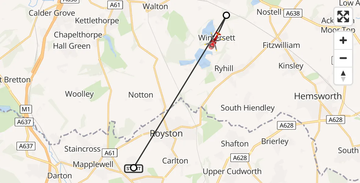 Flight path map showing Air Ambulance Helicopter route from Royston to Wintersett