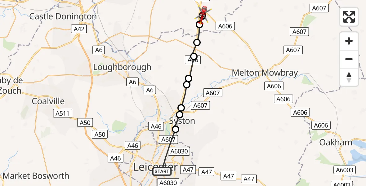 Flight path map showing Air Ambulance Helicopter route from Leicester to Nottingham Heliport