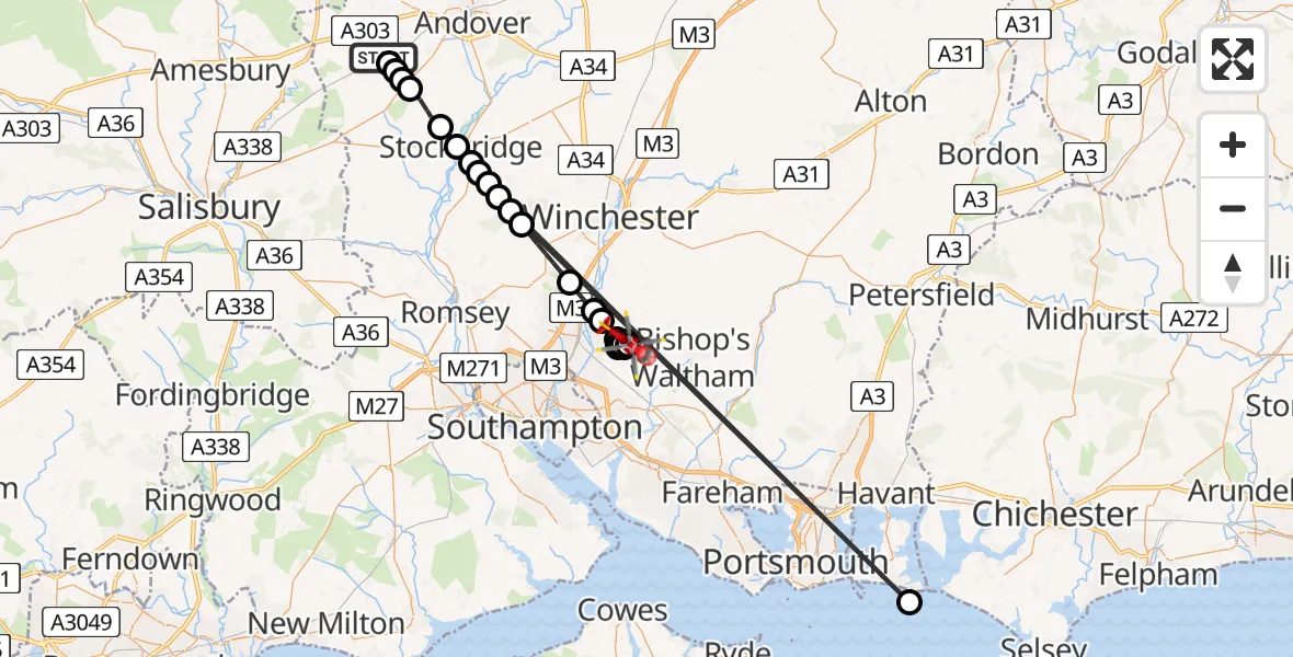 Flight path map showing Air Ambulance Helicopter route from Grateley to Horton Heath