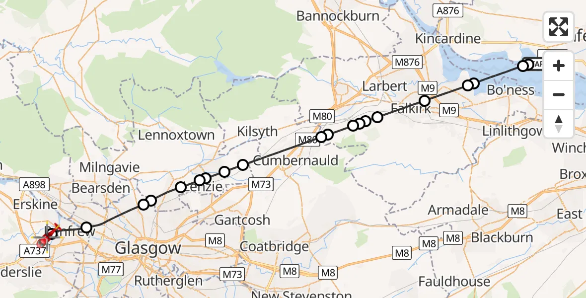 Flight path map showing Air Ambulance Helicopter route from Torryburn to Glasgow Airport