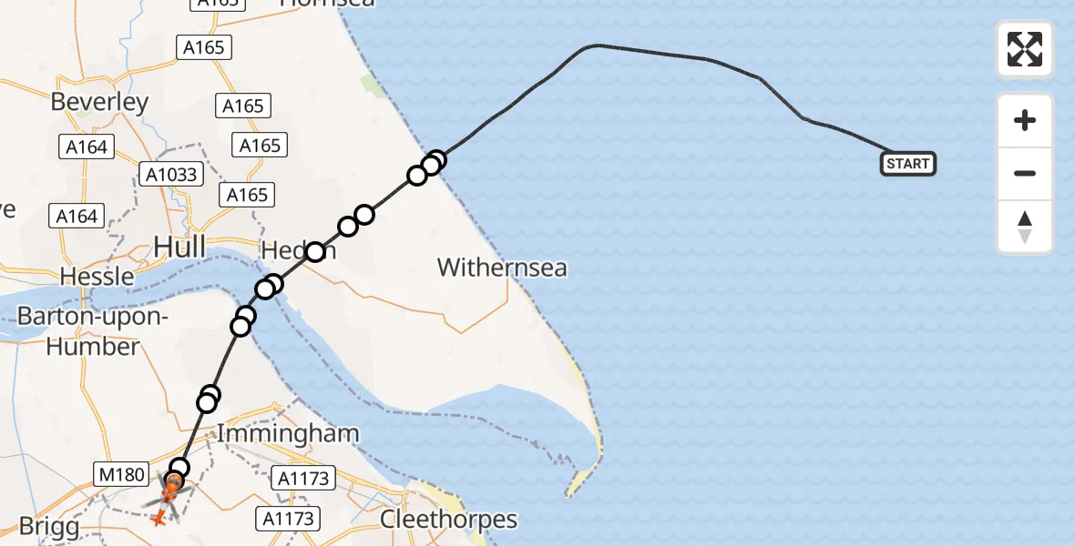 Flight path map showing Coastguard Helicopter route from North Sea to Humberside Airport