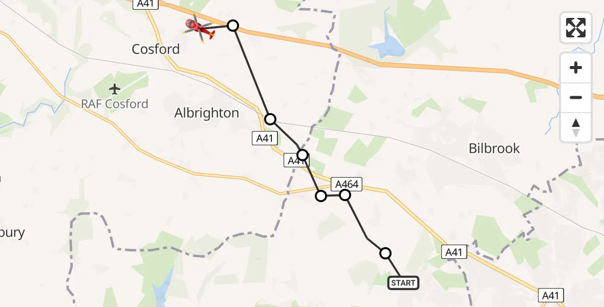 Flight path map showing Air Ambulance Helicopter route from South Staffordshire to Cosford