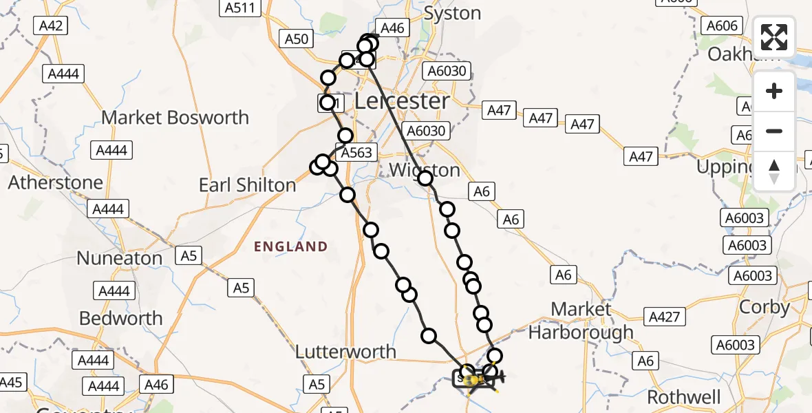 Flight path map showing Police Helicopter route from Husbands Bosworth Airfield to Harborough