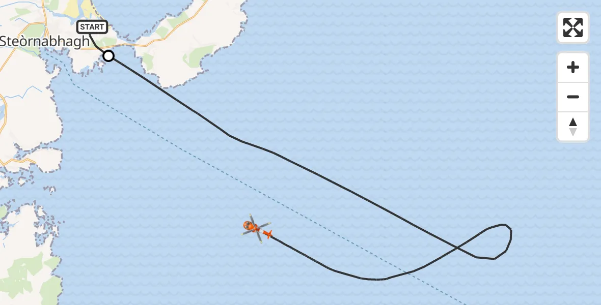 Flight path map showing Coastguard Helicopter route from Stornoway Airport to Inner Seas