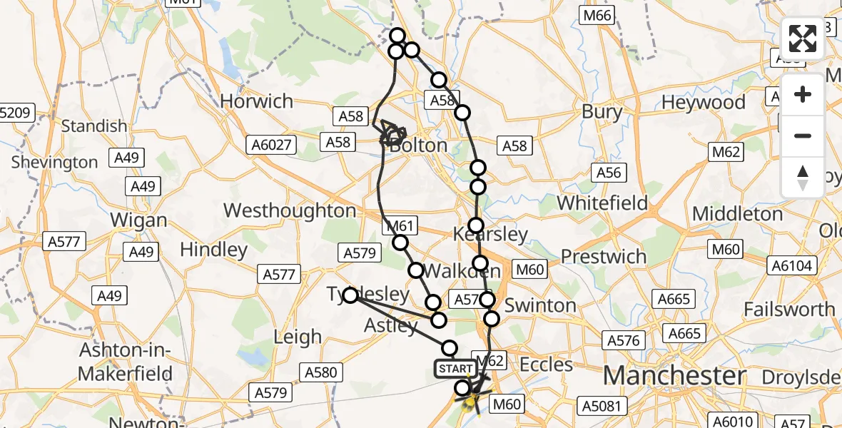 Flight path map showing Police Helicopter route from Worsley to Manchester Barton Aerodrome
