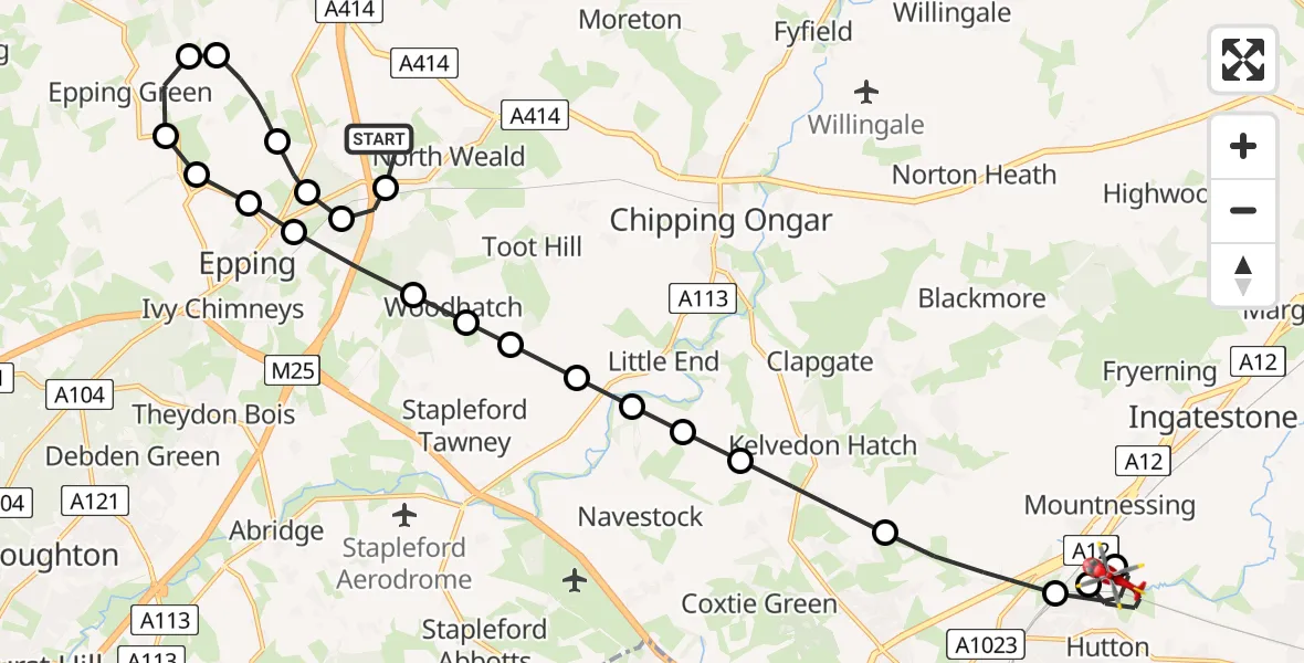 Flight path map showing Air Ambulance Helicopter route from North Weald Airfield to Hutton
