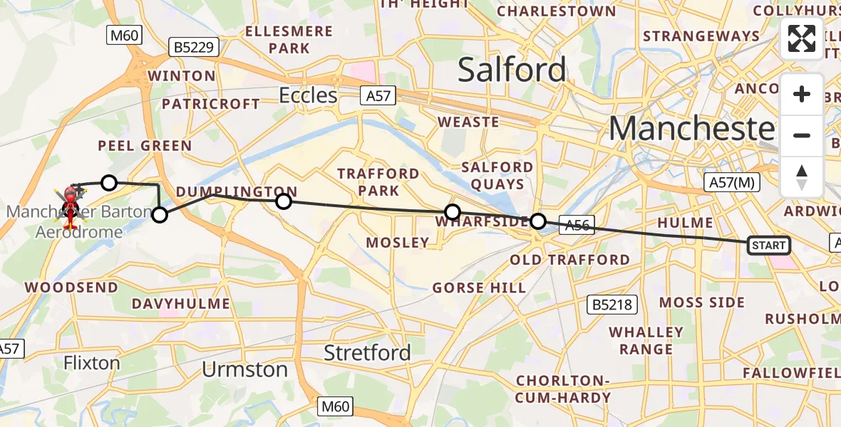Flight path map showing Air Ambulance Helicopter route from Manchester to Manchester Barton Aerodrome