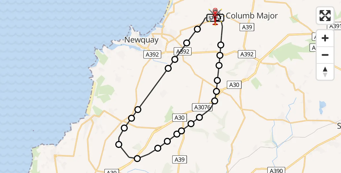 Flight path map showing Air Ambulance Helicopter route from Cornwall Airport Newquay to Cornwall Airport Newquay