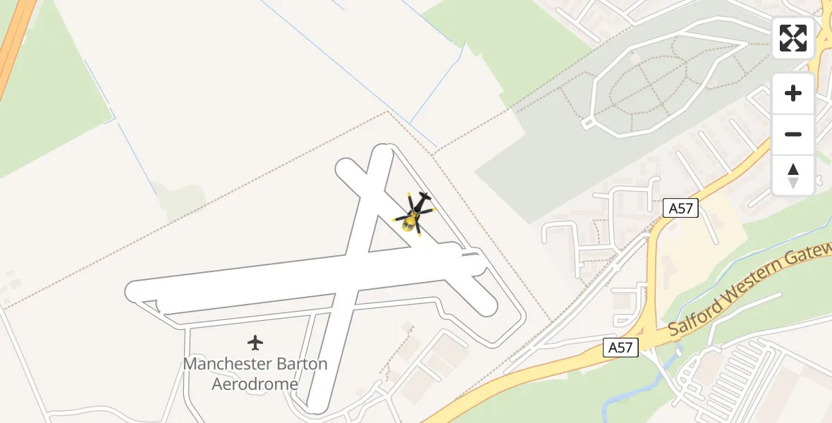 Flight path map showing Police Helicopter route from Manchester Barton Aerodrome to Manchester Barton Aerodrome