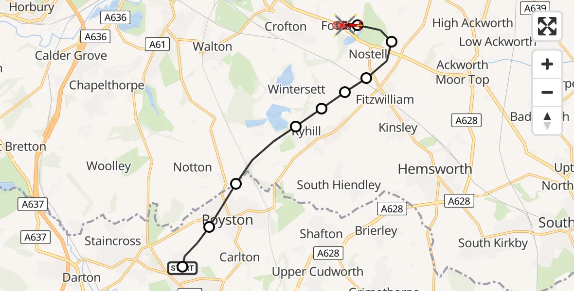 Flight path map showing Air Ambulance Helicopter route from Royston to YAA Nostell Helicopter Port
