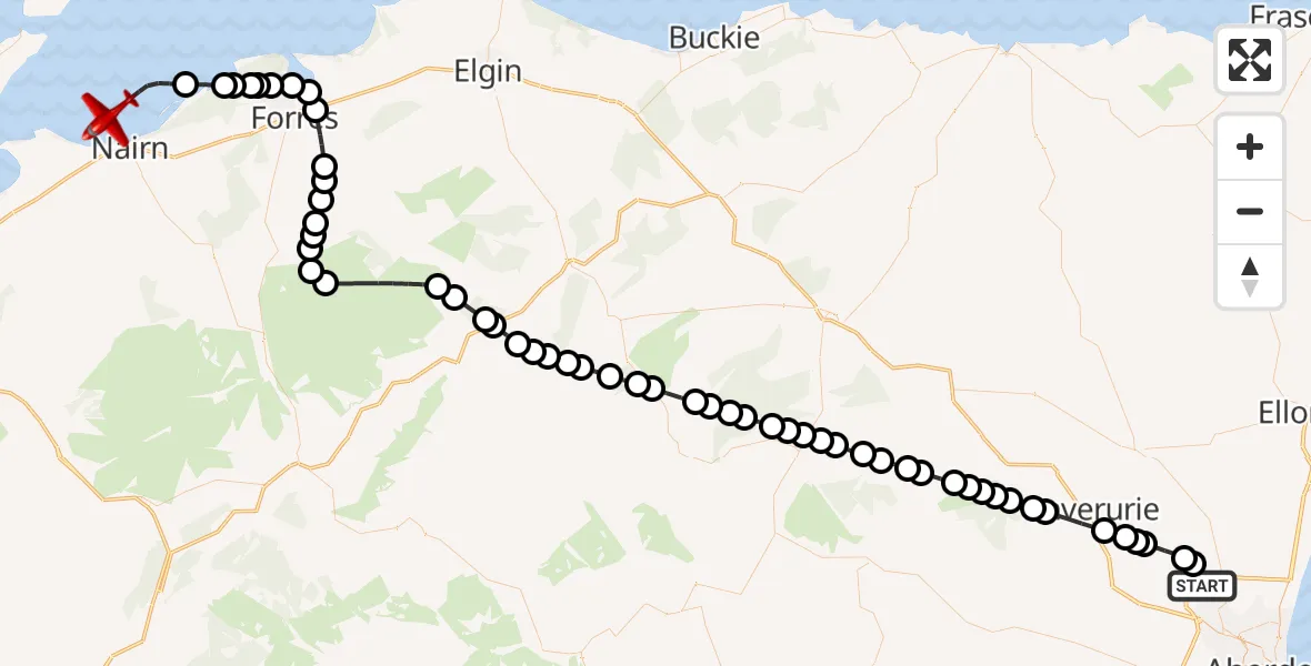 Flight path map showing Air Ambulance Aircraft route from Aberdeen City to North Sea