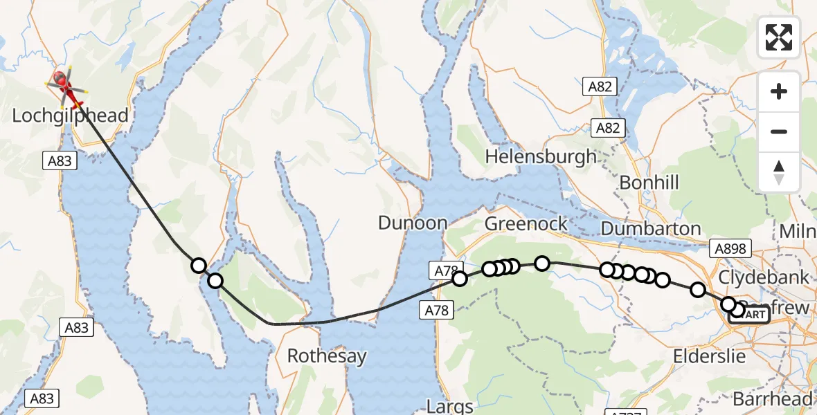 Flight path map showing Air Ambulance Helicopter route from Glasgow Airport to Lochgilphead