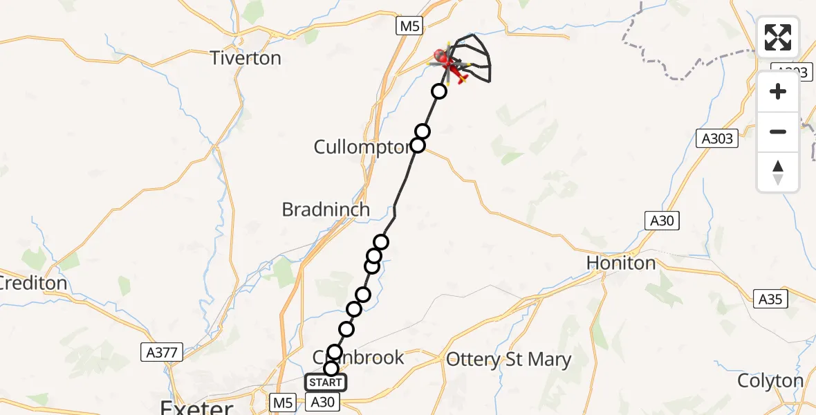 Flight path map showing Air Ambulance Helicopter route from Exeter International Airport to Uffculme