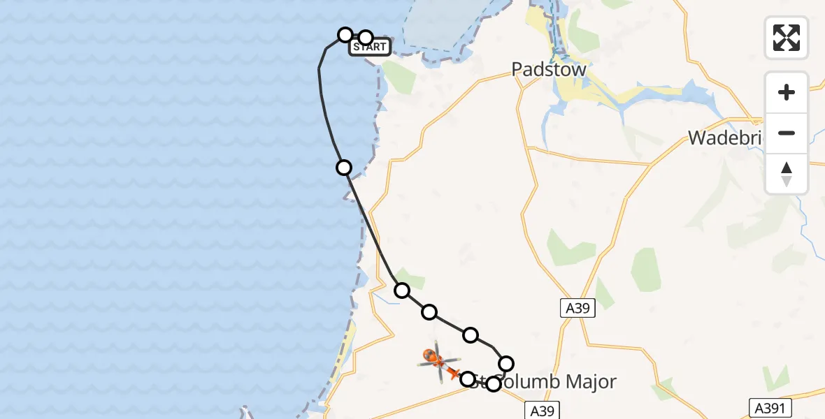 Flight path map showing Coastguard Helicopter route from St. Merryn to Cornwall Airport Newquay