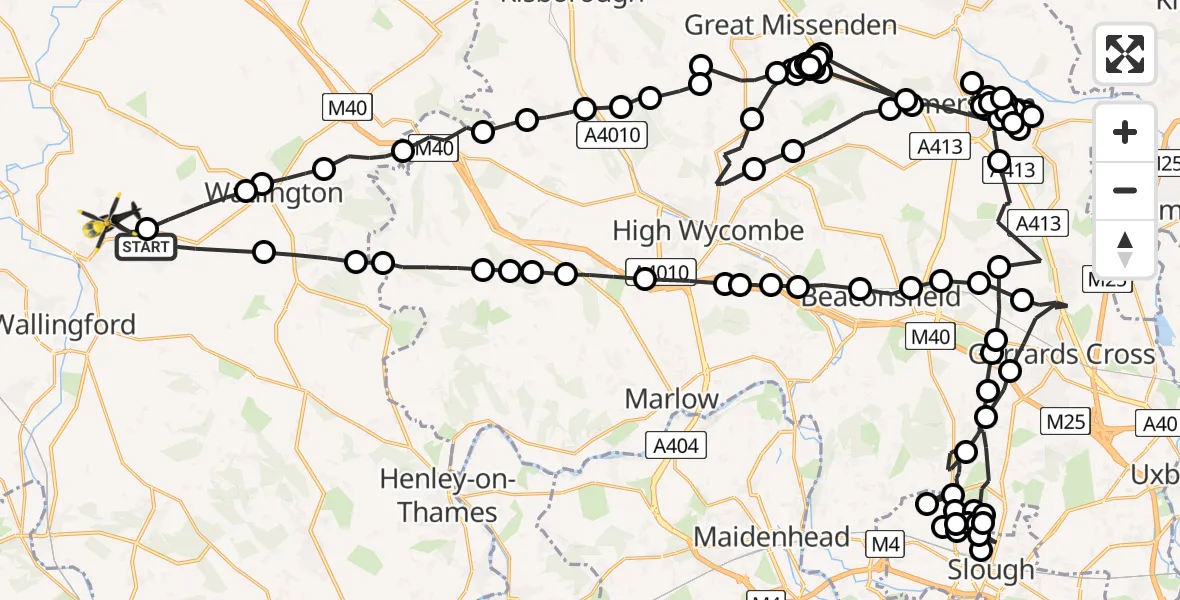 Flight path map showing Police Helicopter route from Ewelme to Berrick Salome