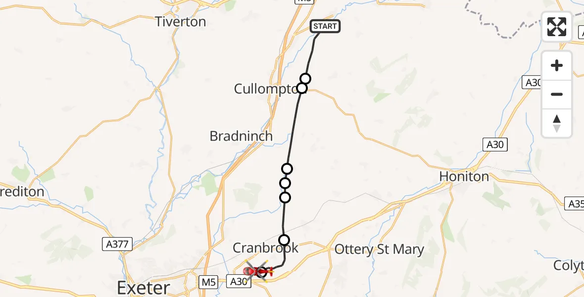 Flight path map showing Air Ambulance Helicopter route from Uffculme to Exeter International Airport