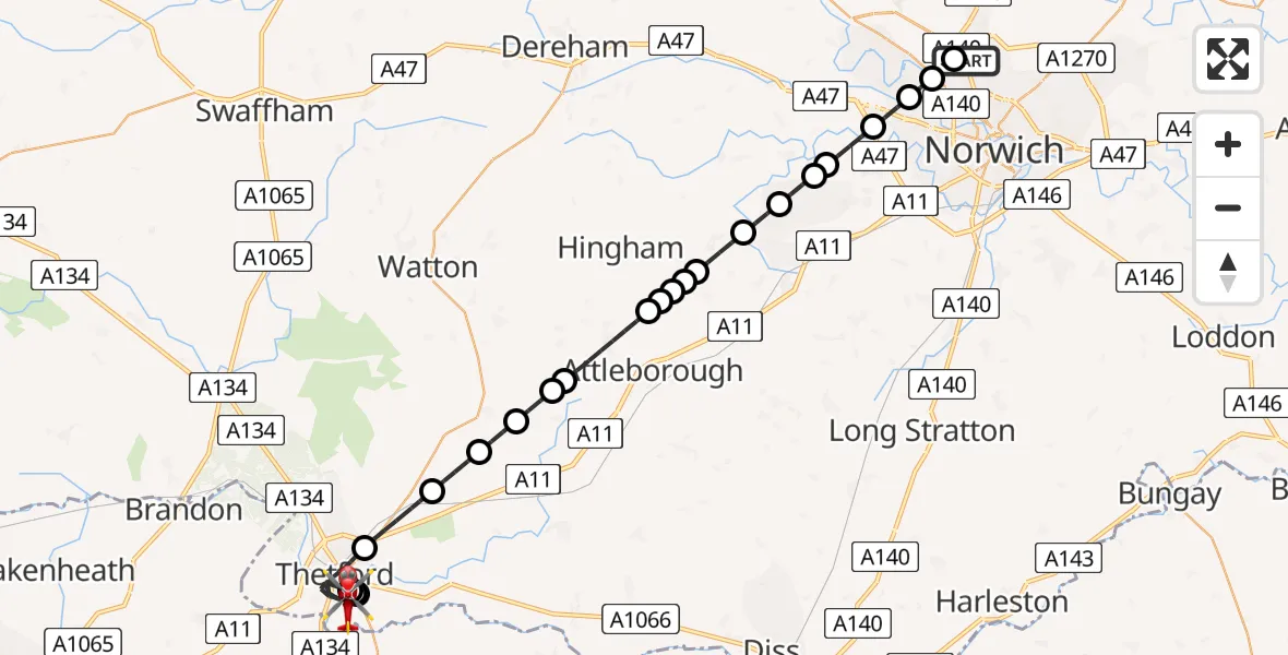 Flight path map showing Air Ambulance Helicopter route from Norwich Airport to Thetford
