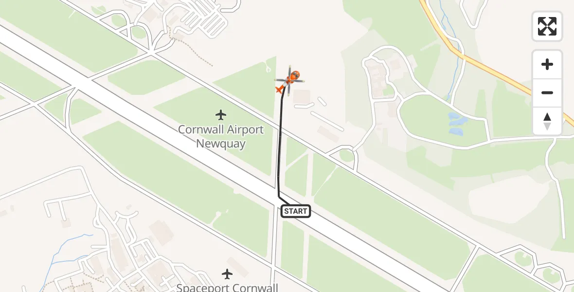Flight path map showing Coastguard Helicopter route from Cornwall Airport Newquay to Cornwall Airport Newquay