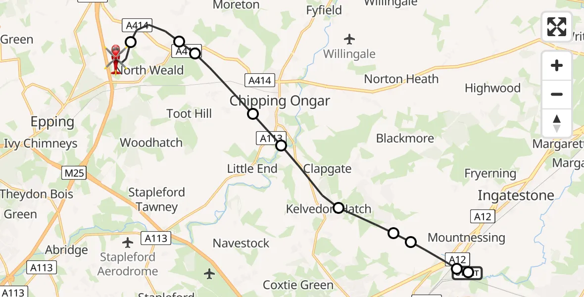 Flight path map showing Air Ambulance Helicopter route from Mountnessing to North Weald Airfield