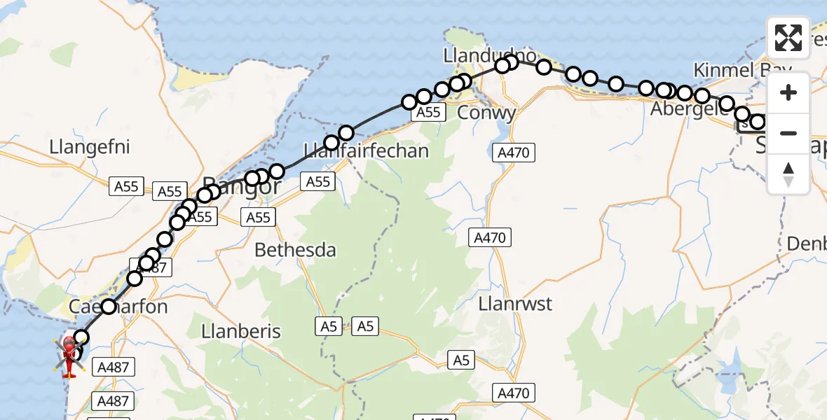 Flight path map showing Air Ambulance Helicopter route from Ysbyty Glan Clywd Hospital Heliport to Caernarfon Airport