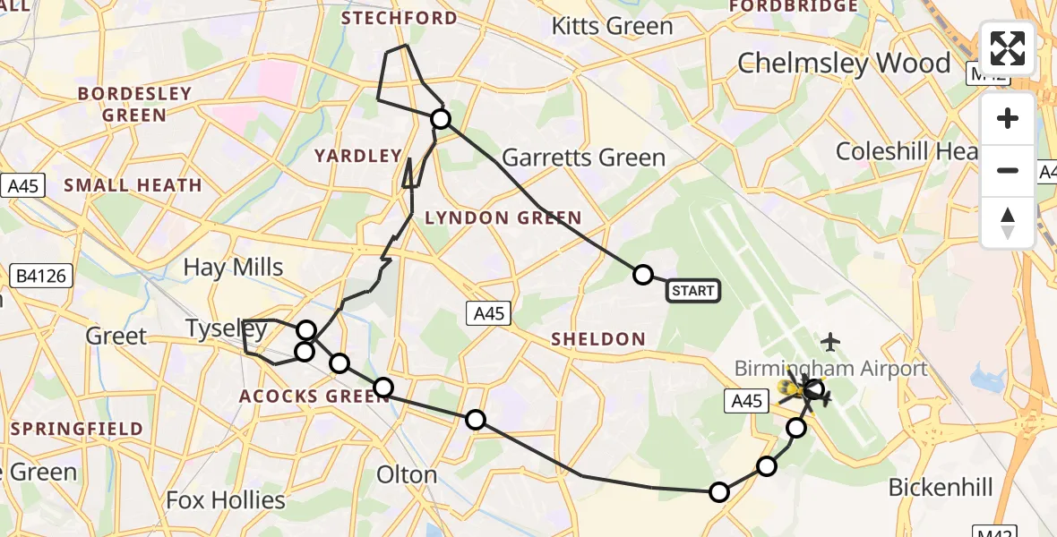 Flight route Police Helicopter Birmingham Airport - Birmingham Airport, 27 March 2026, 20:37